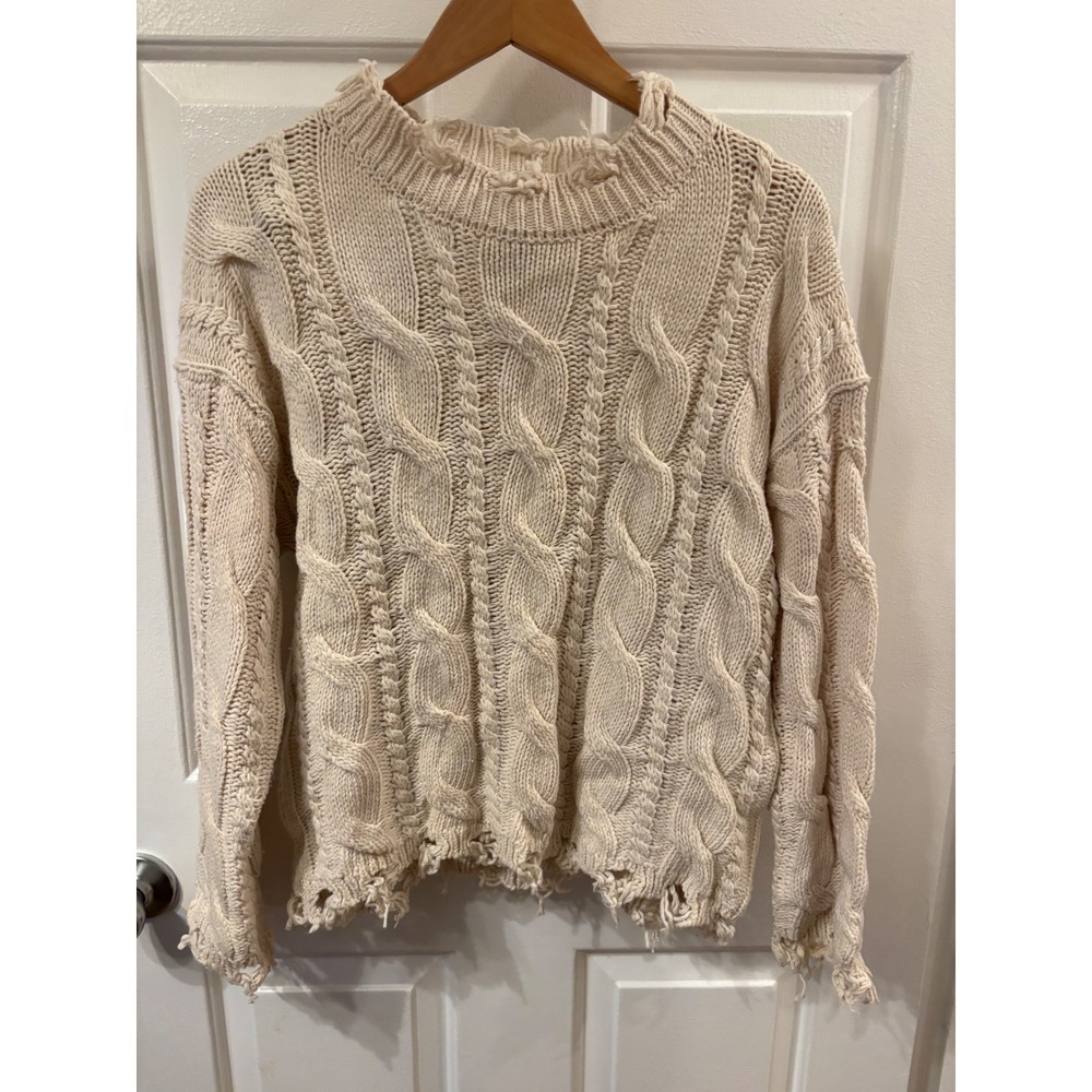 ANDTHEWHY Cream Distressed Cable Knit Sweater Chunky Crew Neck Frayed BOHO M/L